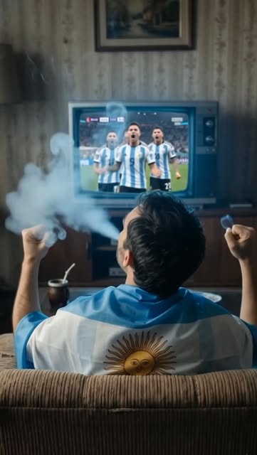 Hincha con la camiseta argentina mirando el partido